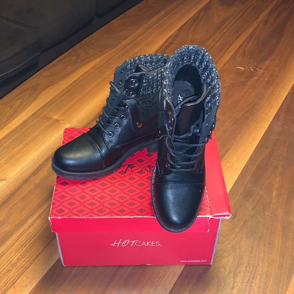 Hot Cakes Black Lace-Up Combat Boots with Knit Cuff